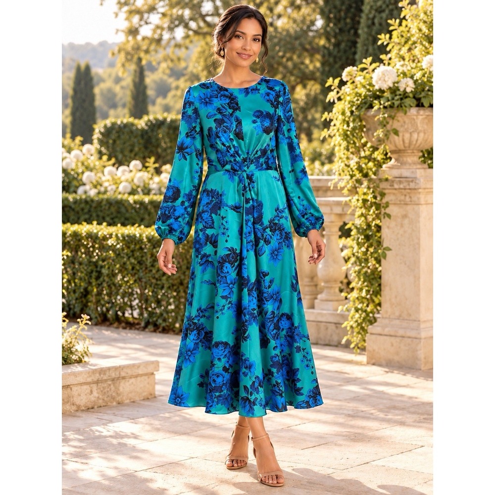 Maison Tara Floral Midi Dress Turquoise Blue A-Line Balloon Sleeve Lined 10